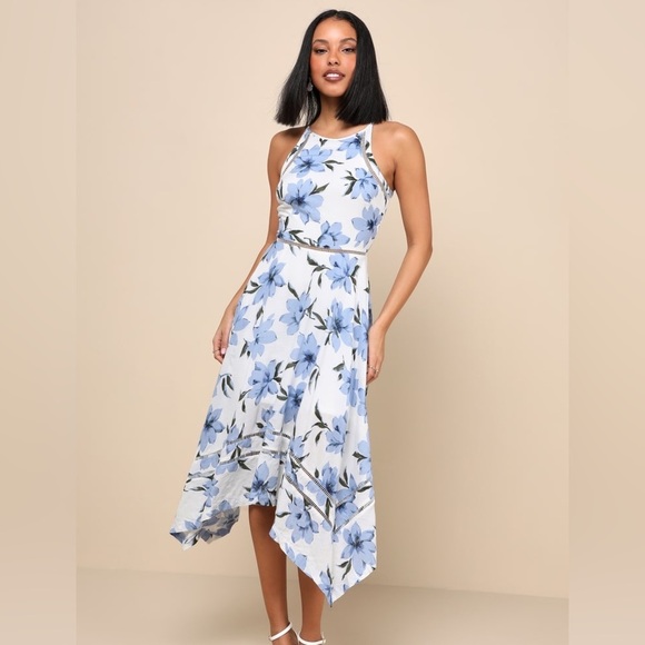 Lulus Zahara Blue & White Floral Midi Dress – Size Small - Picture 3 of 6